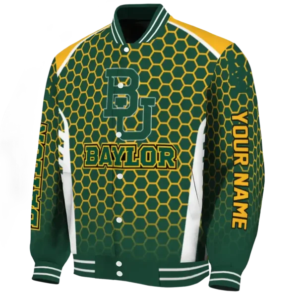 personalized baylor bears hexagon grid green varsity jacket best selling.webp
