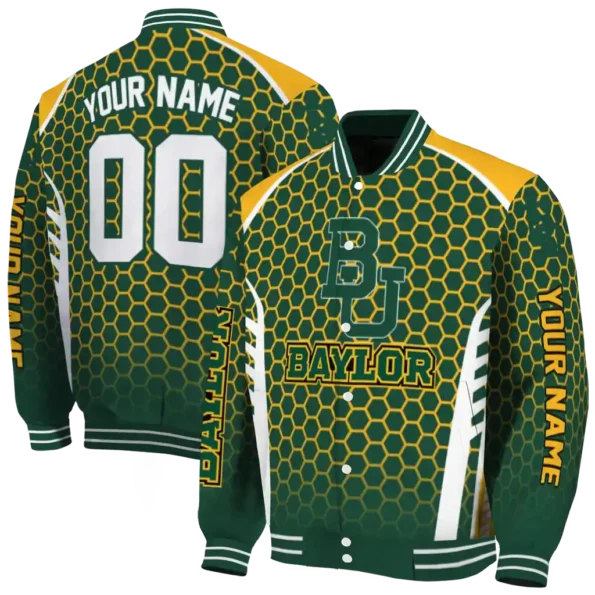 personalized baylor bears hexagon grid green varsity jacket fashion forward.webp