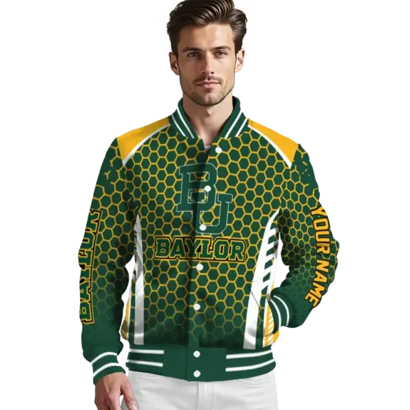 personalized baylor bears hexagon grid green varsity jacket high quality.webp
