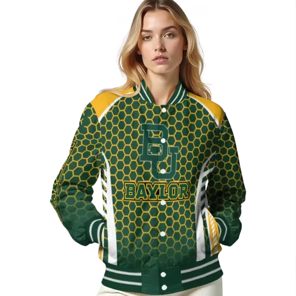 personalized baylor bears hexagon grid green varsity jacket latest model.webp