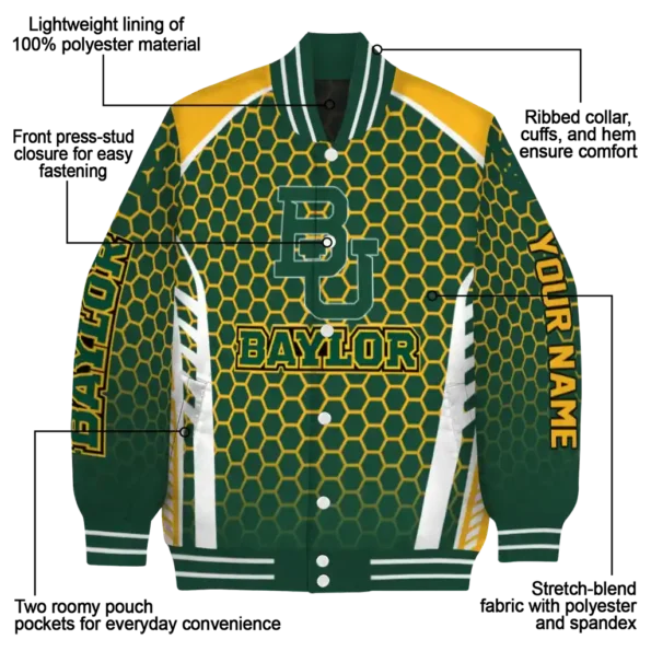 personalized baylor bears hexagon grid green varsity jacket new arrival.webp