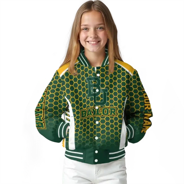personalized baylor bears hexagon grid green varsity jacket top rated.webp