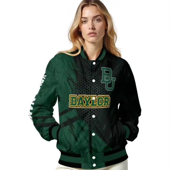 personalized baylor bears hexagon mesh green black varsity jacket latest model.webp