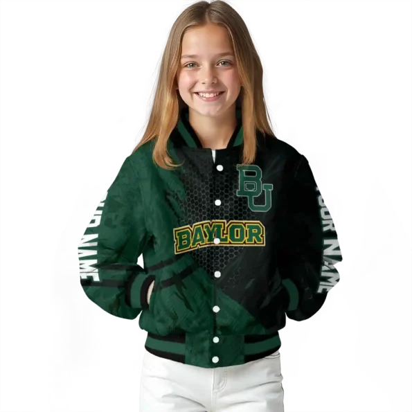 personalized baylor bears hexagon mesh green black varsity jacket top rated.webp