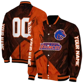 personalized boise state broncos hexagon mesh orange black varsity jacket fashion forward.webp