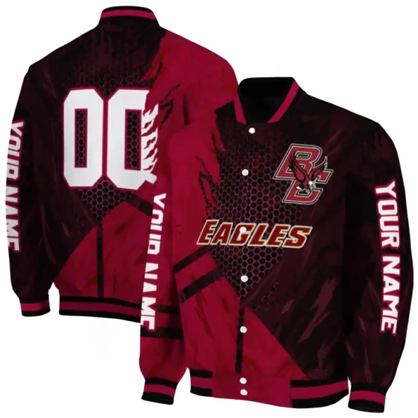 personalized boston college eagles hexagon mesh maroon black varsity jacket fashion forward.webp