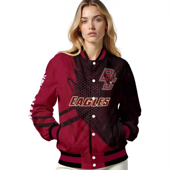 personalized boston college eagles hexagon mesh maroon black varsity jacket latest model.webp