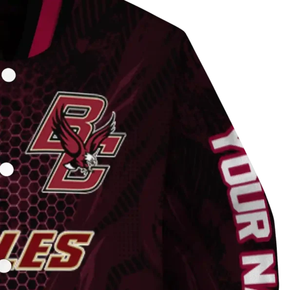 personalized boston college eagles hexagon mesh maroon black varsity jacket premium grade.webp