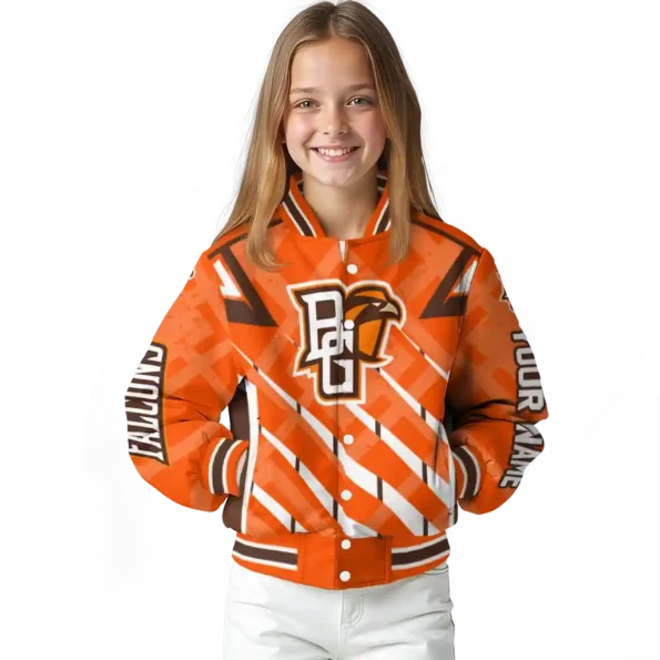 personalized bowling green falcons chevron angles orange varsity jacket top rated.webp