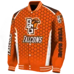 personalized bowling green falcons hexagon grid orange varsity jacket best selling.webp