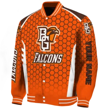 personalized bowling green falcons hexagon grid orange varsity jacket best selling.webp