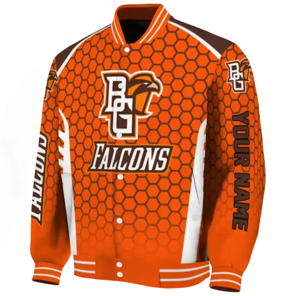 personalized bowling green falcons hexagon grid orange varsity jacket best selling.webp