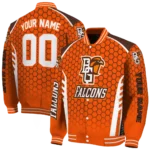 personalized bowling green falcons hexagon grid orange varsity jacket best selling.webp