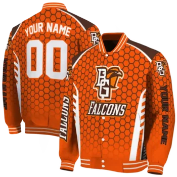 personalized bowling green falcons hexagon grid orange varsity jacket fashion forward.webp