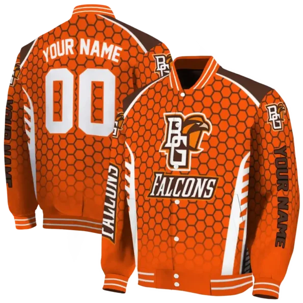 personalized bowling green falcons hexagon grid orange varsity jacket fashion forward.webp