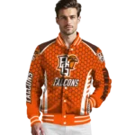 personalized bowling green falcons hexagon grid orange varsity jacket best selling.webp