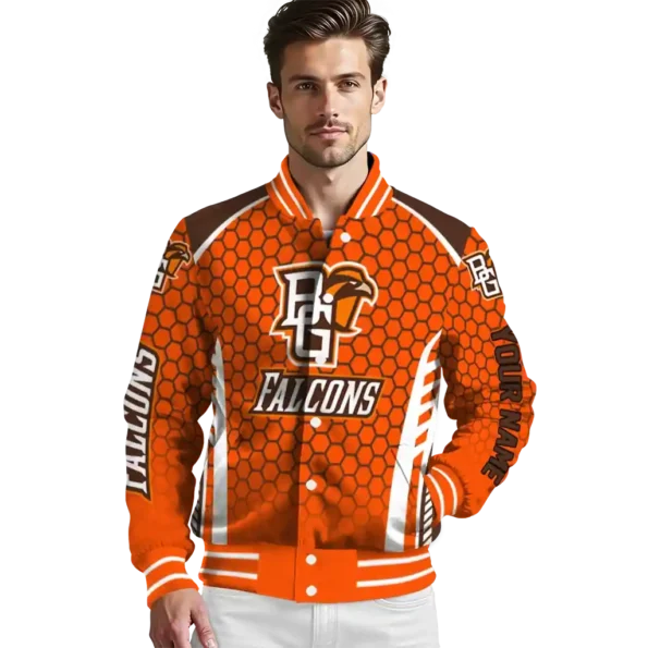 personalized bowling green falcons hexagon grid orange varsity jacket high quality.webp
