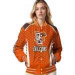 personalized bowling green falcons hexagon grid orange varsity jacket best selling.webp