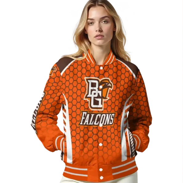 personalized bowling green falcons hexagon grid orange varsity jacket latest model.webp