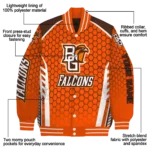 personalized bowling green falcons hexagon grid orange varsity jacket best selling.webp