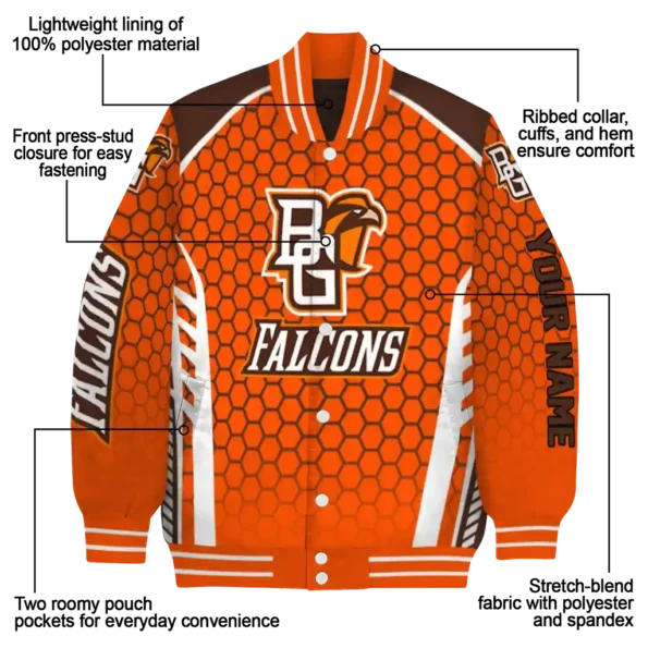 personalized bowling green falcons hexagon grid orange varsity jacket new arrival.webp
