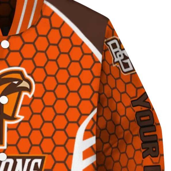personalized bowling green falcons hexagon grid orange varsity jacket premium grade.webp