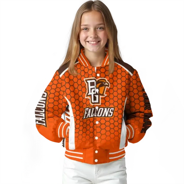 personalized bowling green falcons hexagon grid orange varsity jacket top rated.webp
