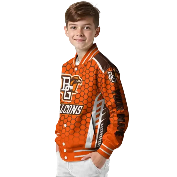 personalized bowling green falcons hexagon grid orange varsity jacket trendy.webp