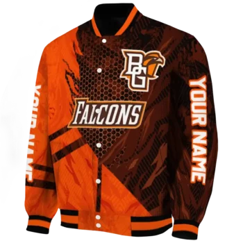 personalized bowling green falcons hexagon mesh orange black varsity jacket best selling.webp