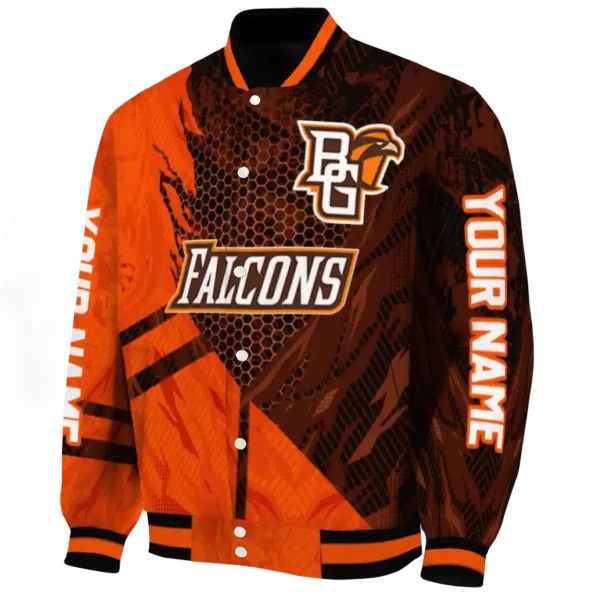 personalized bowling green falcons hexagon mesh orange black varsity jacket best selling.webp