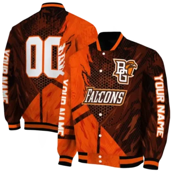 personalized bowling green falcons hexagon mesh orange black varsity jacket fashion forward.webp