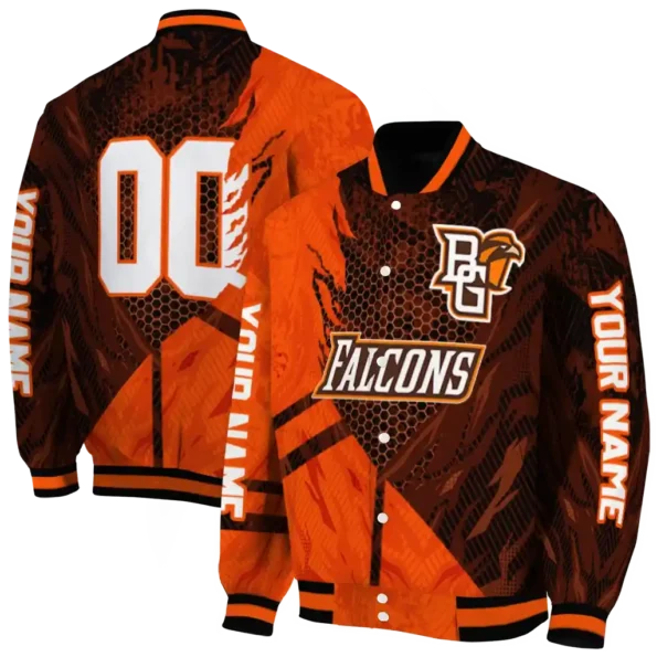 personalized bowling green falcons hexagon mesh orange black varsity jacket fashion forward.webp