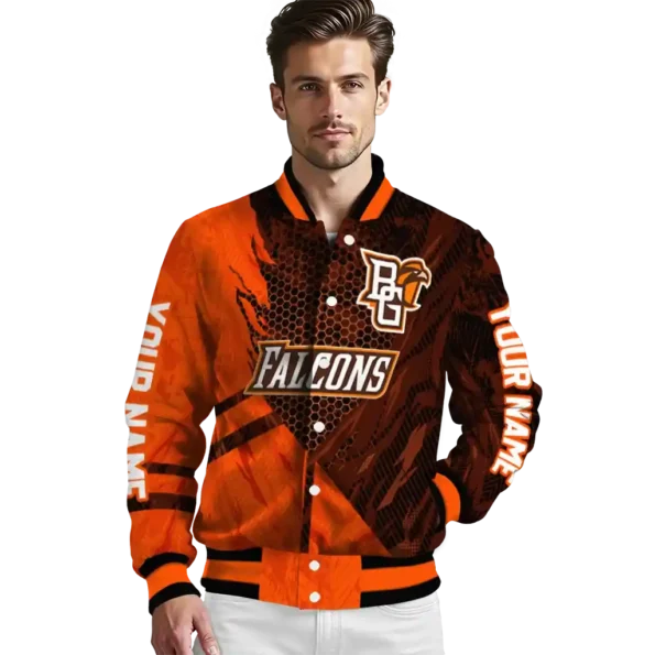 personalized bowling green falcons hexagon mesh orange black varsity jacket high quality.webp