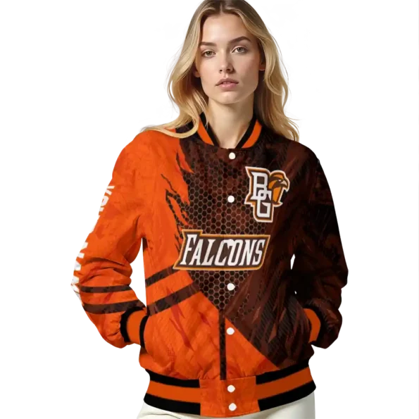 personalized bowling green falcons hexagon mesh orange black varsity jacket latest model.webp