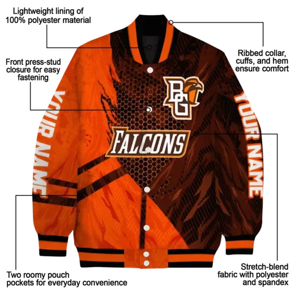 personalized bowling green falcons hexagon mesh orange black varsity jacket new arrival.webp