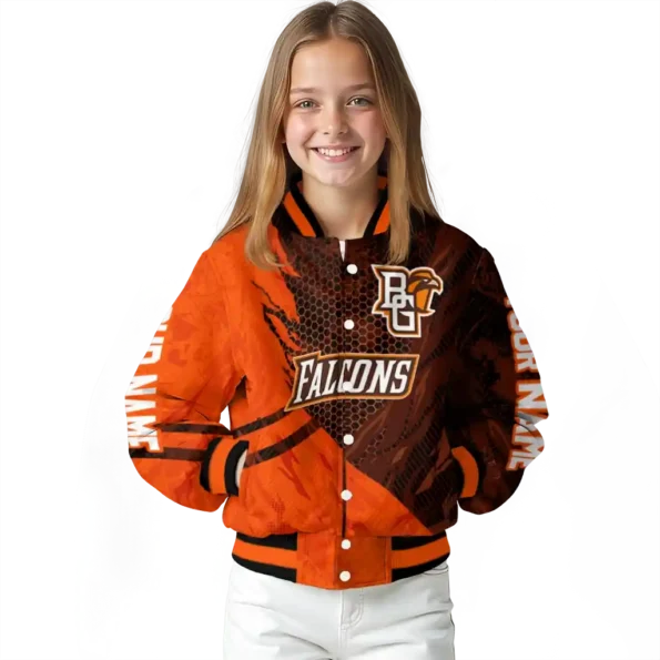 personalized bowling green falcons hexagon mesh orange black varsity jacket top rated.webp
