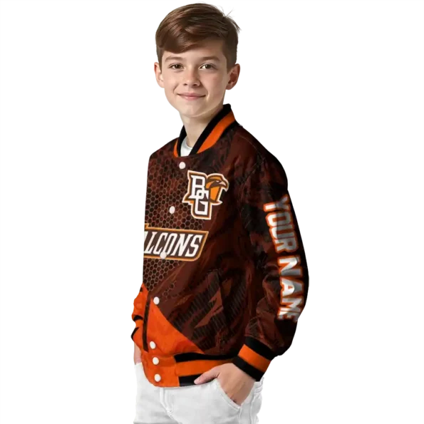 personalized bowling green falcons hexagon mesh orange black varsity jacket trendy.webp