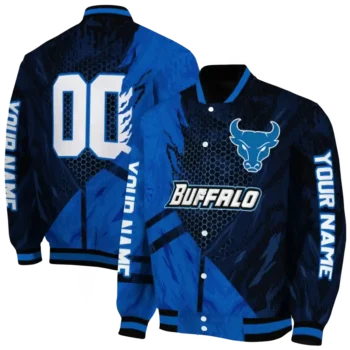personalized buffalo bulls hexagon mesh royal blue black varsity jacket fashion forward.webp