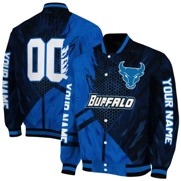 personalized buffalo bulls hexagon mesh royal blue black varsity jacket fashion forward.webp