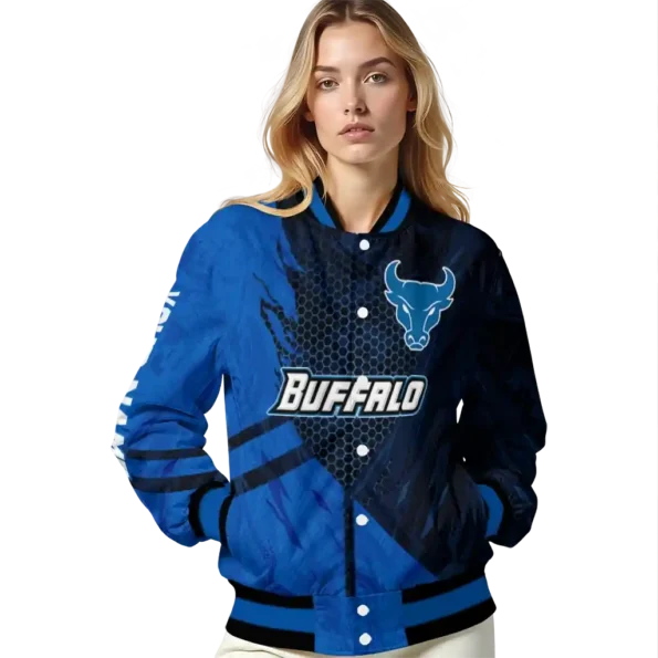 personalized buffalo bulls hexagon mesh royal blue black varsity jacket latest model.webp
