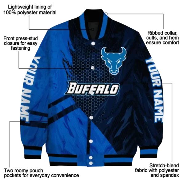 personalized buffalo bulls hexagon mesh royal blue black varsity jacket new arrival.webp