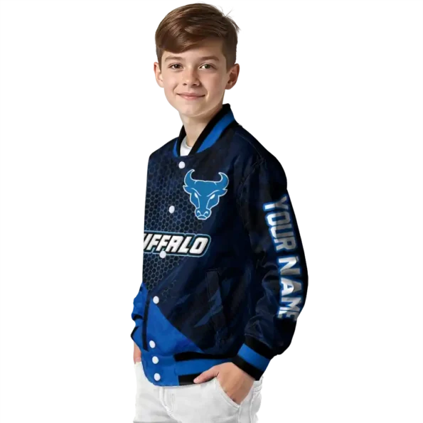 personalized buffalo bulls hexagon mesh royal blue black varsity jacket trendy.webp