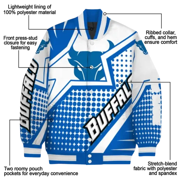 personalized buffalo bulls star burst royal blue varsity jacket new arrival.webp