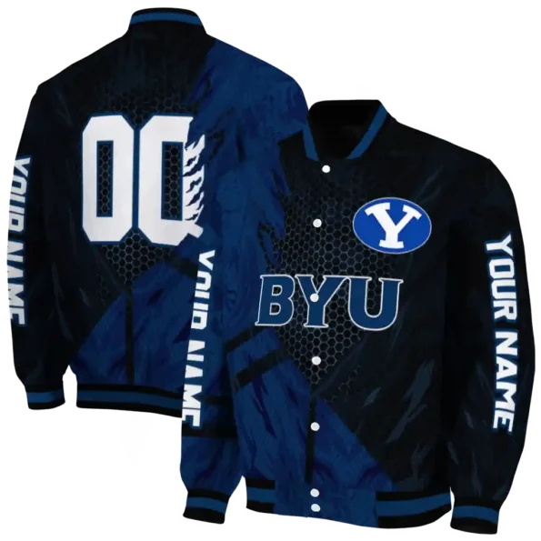 personalized byu cougars hexagon mesh blue black varsity jacket fashion forward.webp
