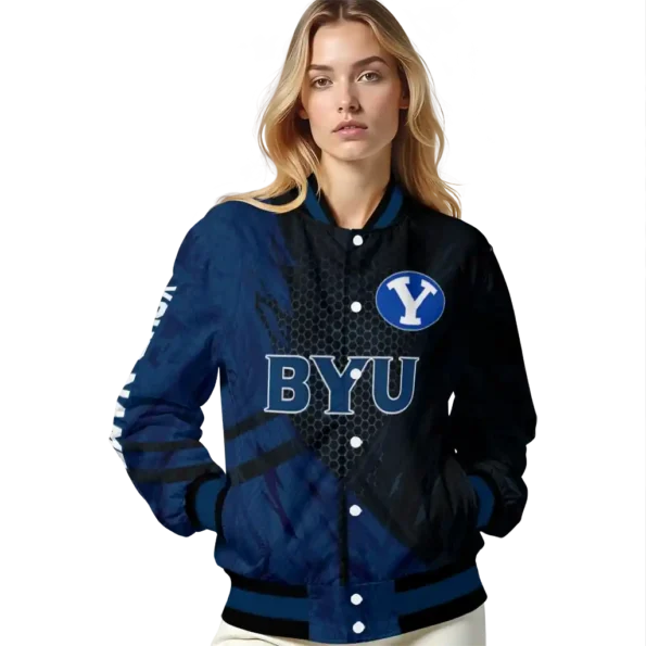 personalized byu cougars hexagon mesh blue black varsity jacket latest model.webp