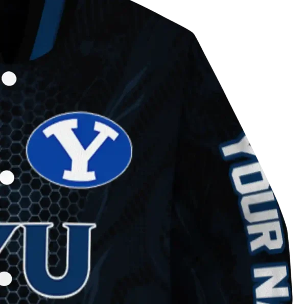 personalized byu cougars hexagon mesh blue black varsity jacket premium grade.webp