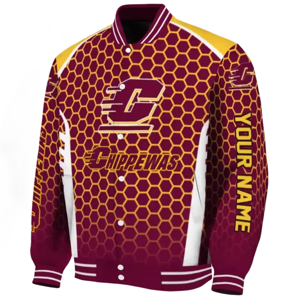 personalized central michigan chippewas hexagon grid maroon varsity jacket best selling.webp