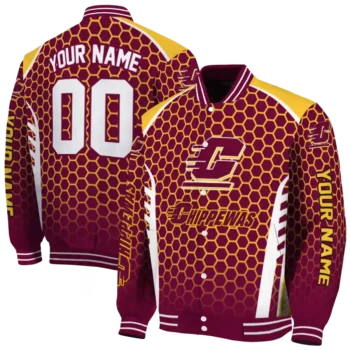 personalized central michigan chippewas hexagon grid maroon varsity jacket fashion forward.webp