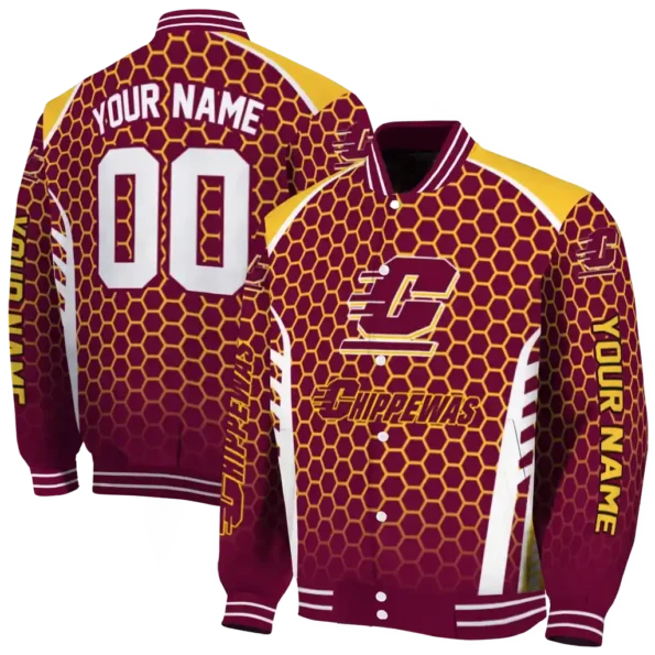 personalized central michigan chippewas hexagon grid maroon varsity jacket fashion forward.webp