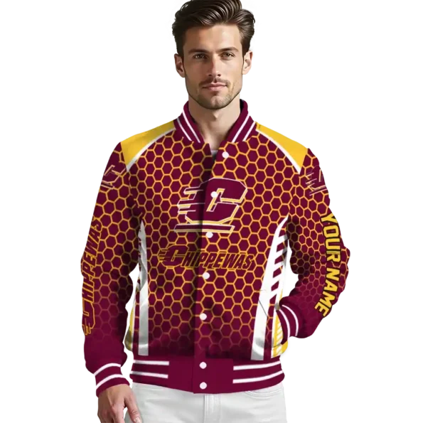 personalized central michigan chippewas hexagon grid maroon varsity jacket high quality.webp